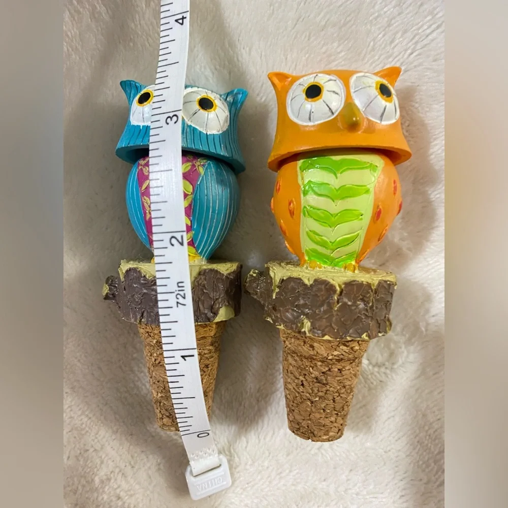 Colorful Owl Wine Bottle Stoppers Set of 2 Orange Blue Decorative Figurines Cork